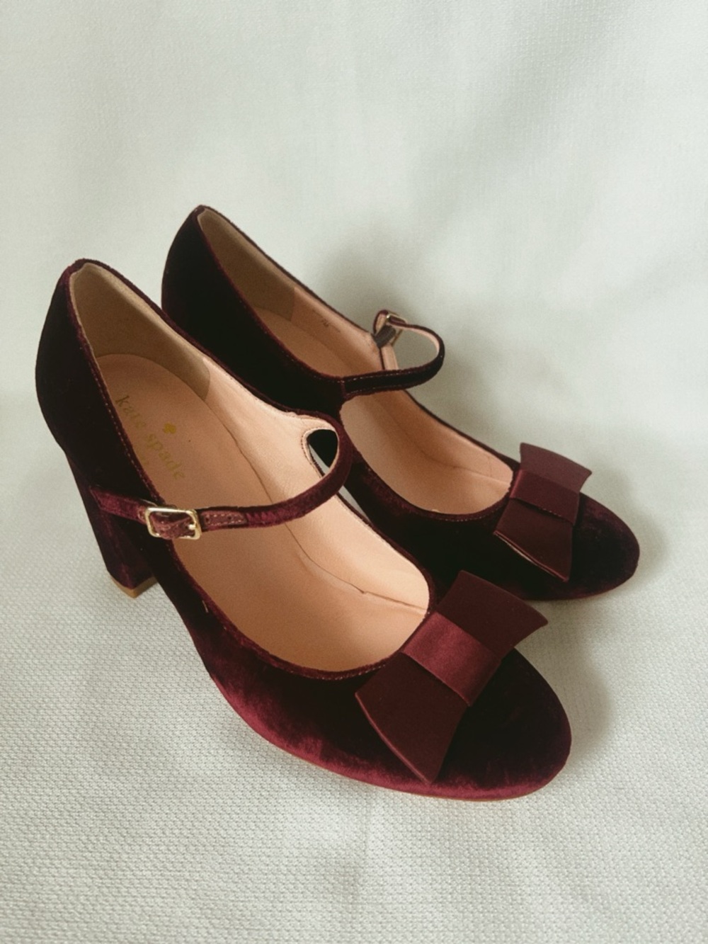 kate spade Wine Velvet Mary Jane Heels with Bow Accent